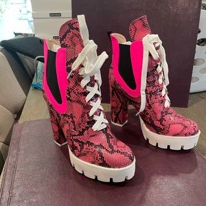 Pink Snakeskin Lace-Up Platform Boots